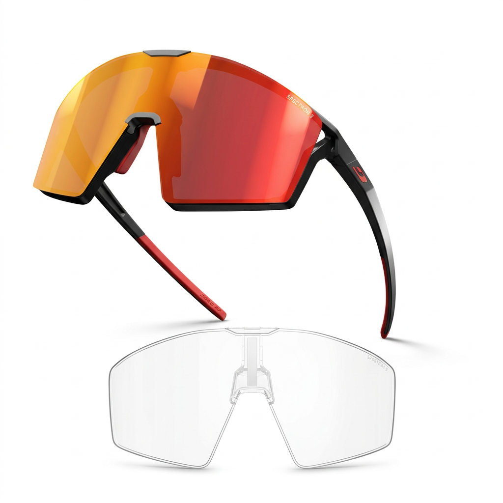 Lunettes Julbo EDGE Noir Rouge Spectron 3 et écran transparent supplémentaire sur fond blanc