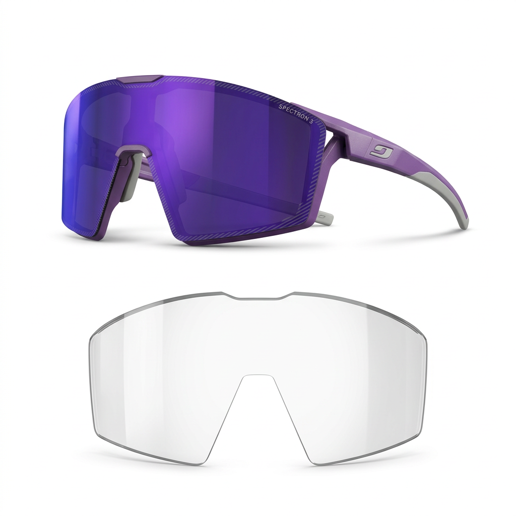 Lunettes Julbo EDGE Violet Gris Clair Spectron 3 avec écran transparent supplémentaire sur fond blanc