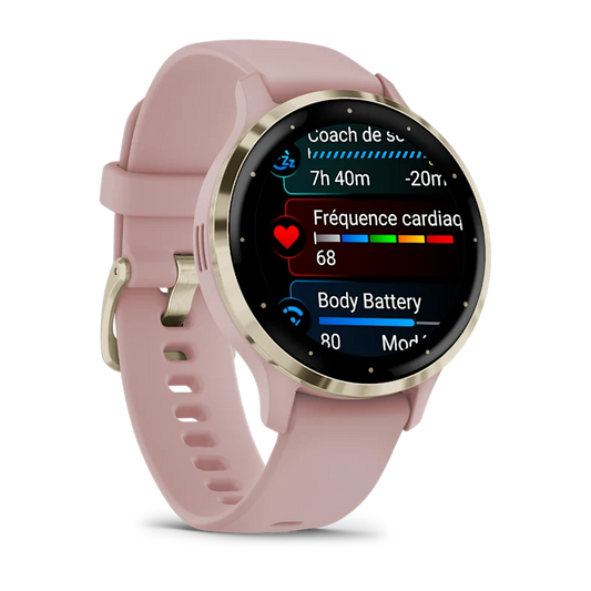 Montre de Sport Garmin Venu 3S boîtier acier inoxydable Soft Gold avec boîtier et bracelet en silicone rose poudré