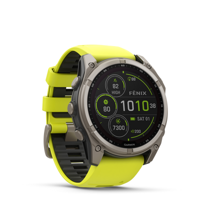 Montre GPS Garmin fēnix® 8 – 51 mm, Solar, Sapphire Sapphire, Titanium avec bracelet en silicone jaune/graphite