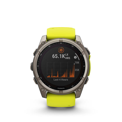 Montre GPS Garmin fēnix® 8 – 51 mm, Solar, Sapphire Sapphire, Titanium avec bracelet en silicone jaune/graphite
