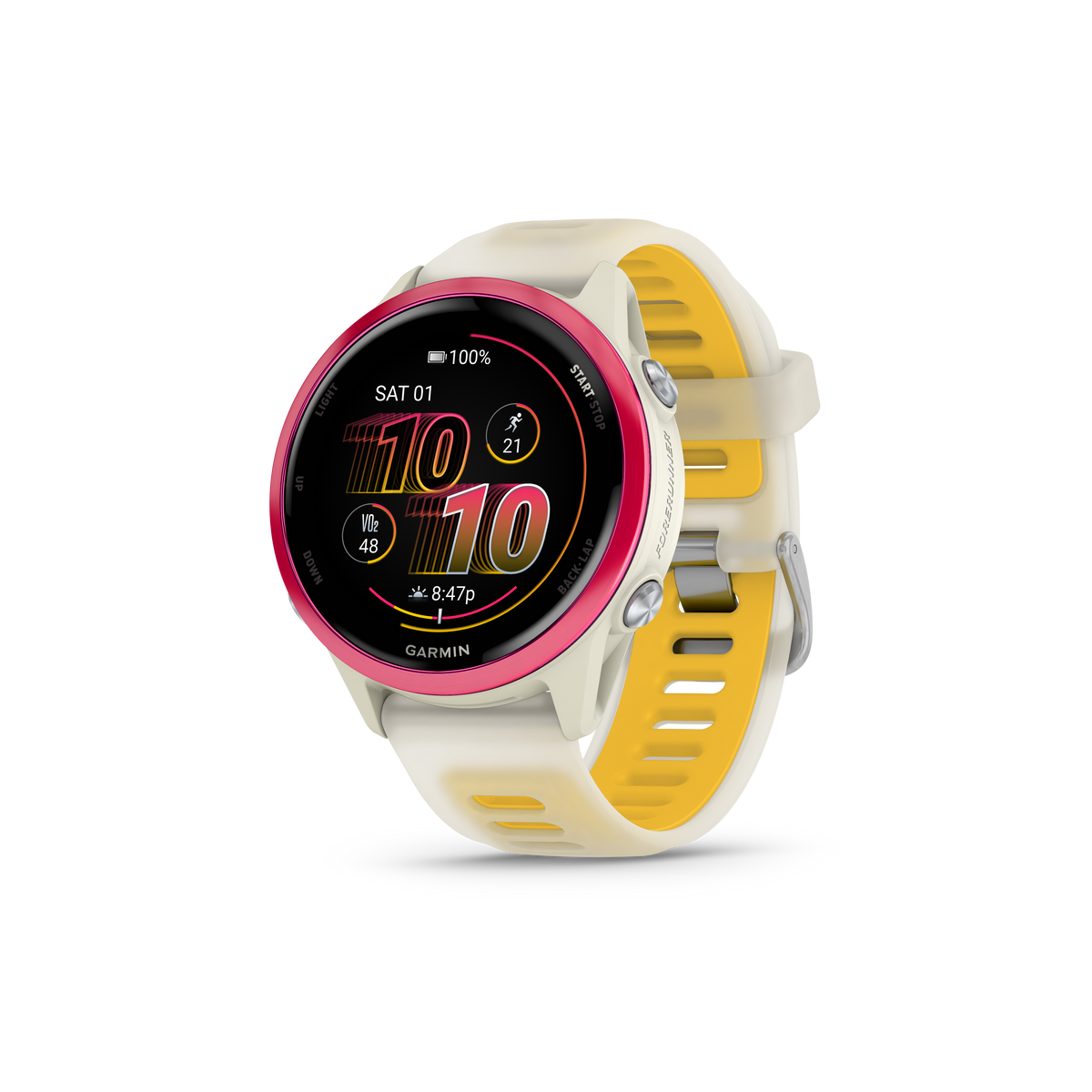 NEW  Forerunner 570 - 42mm Aluminium rose avec bracelet ivoire translucide/orange
