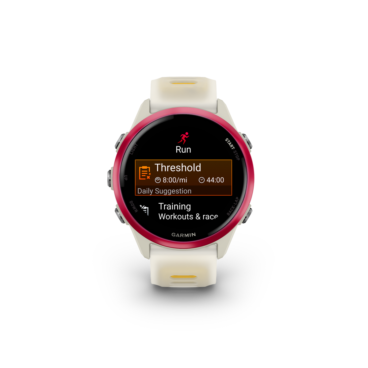 NEW  Forerunner 570 - 42mm Aluminium rose avec bracelet ivoire translucide/orange