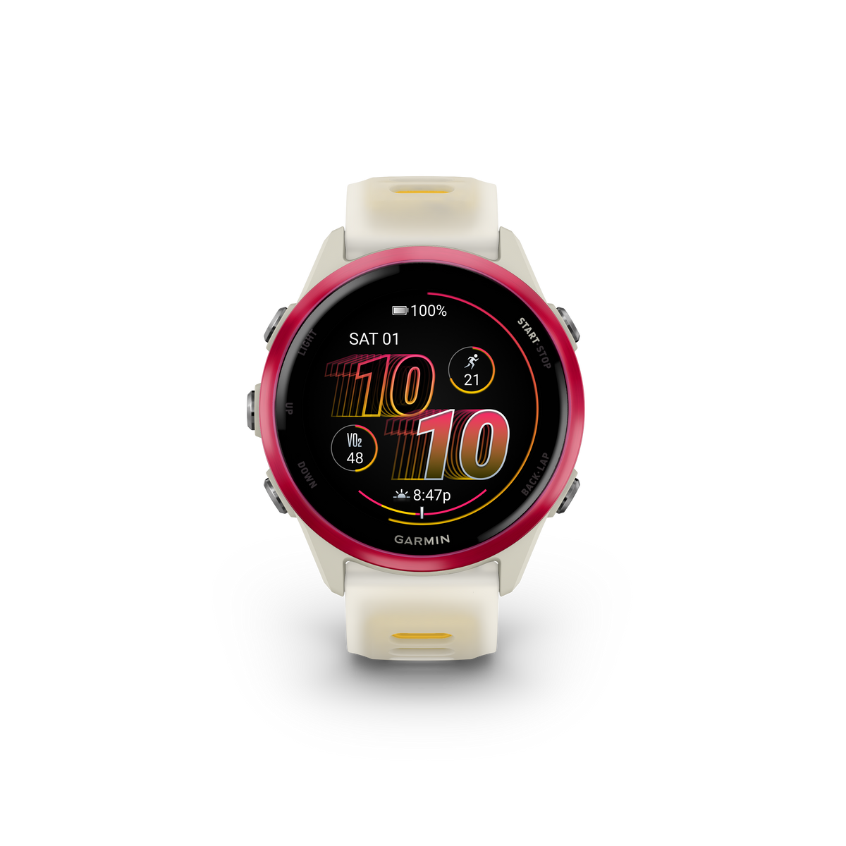 NEW  Forerunner 570 - 42mm Aluminium rose avec bracelet ivoire translucide/orange