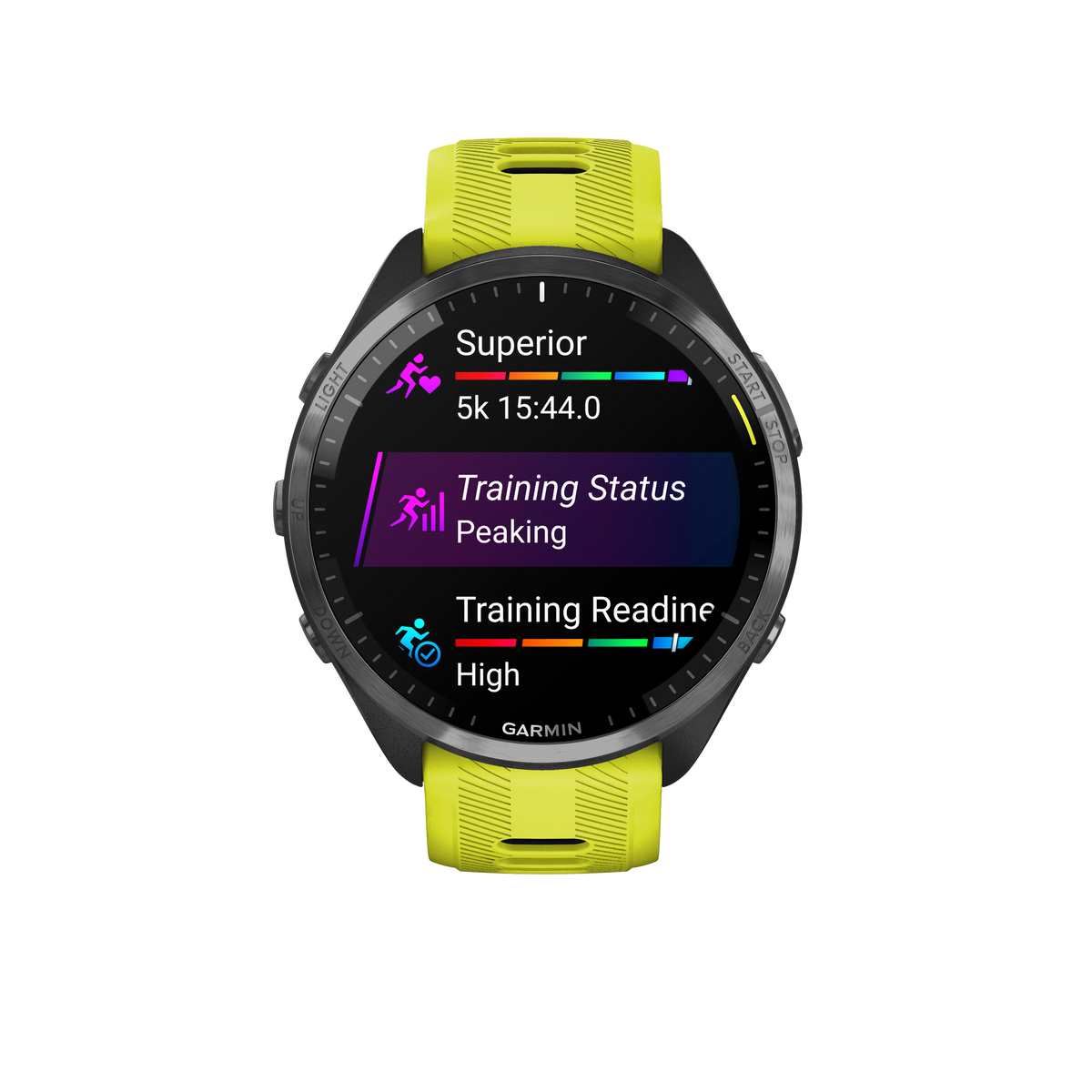 Forerunner® 965 noire avec lunette en titane et bracelet en silicone jaune vif/noir