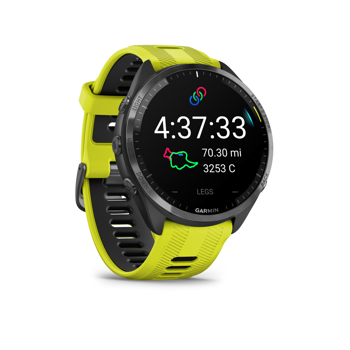 Forerunner® 965 noire avec lunette en titane et bracelet en silicone jaune vif/noir
