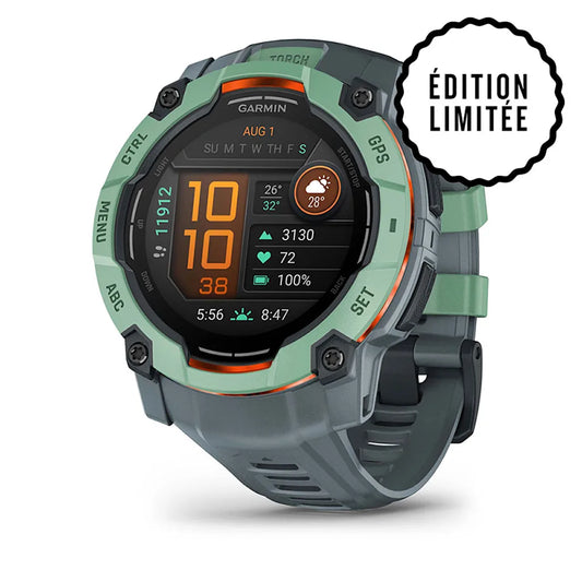 Montre GPS Garmin Instinct 3 AMOLED - 50 mm Vert d'eau avec bracelet bleu crépuscule