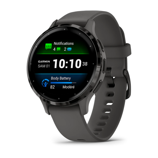 Montre de Sport Garmin Venu 3S boîtier acier inoxydable gris foncé et bracelet en silicone gris foncé