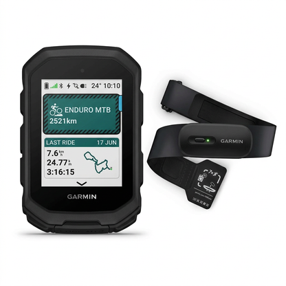 Compteur GPS Garmin Edge MTB et ceinture cardio Garmin HRM 200 sur fond blanc