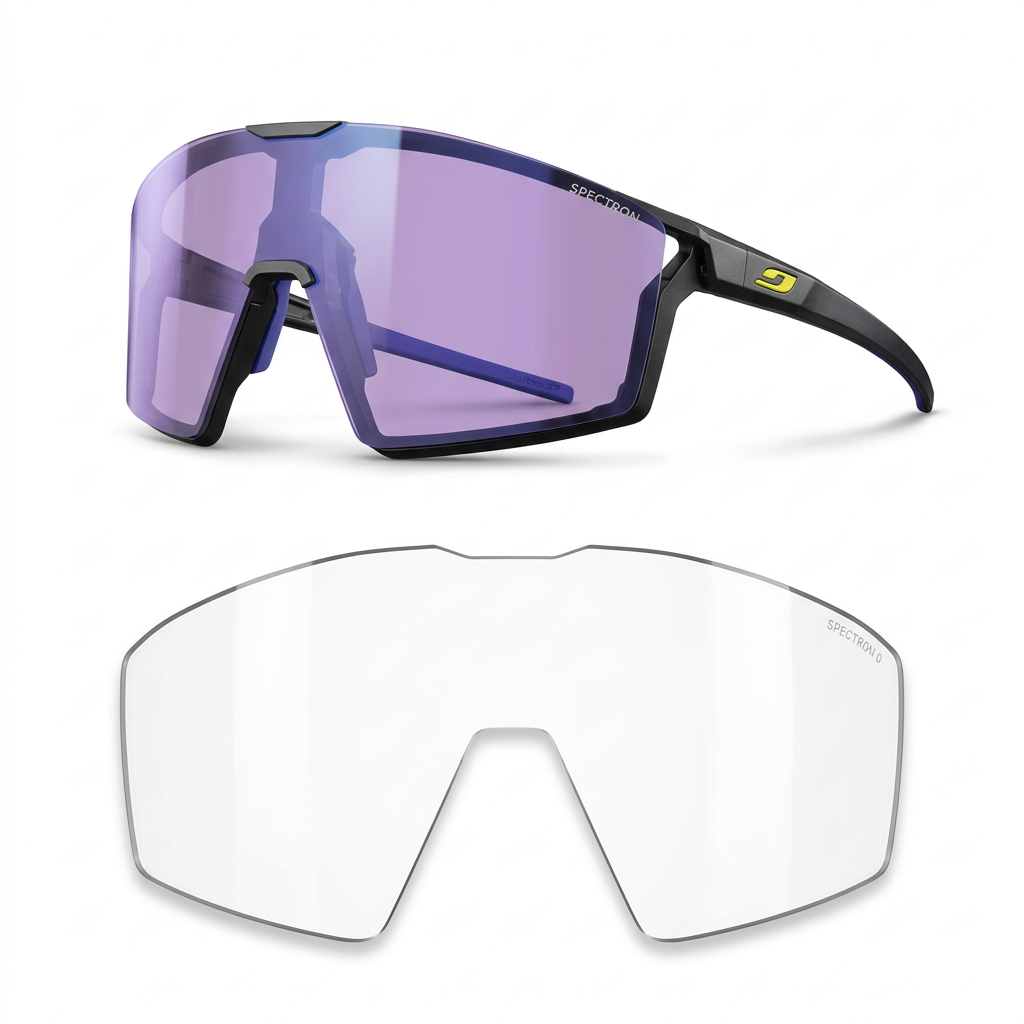 Lunettes Julbo EDGE Spectron 1 et écran transparent supplémentaire sur fond blanc