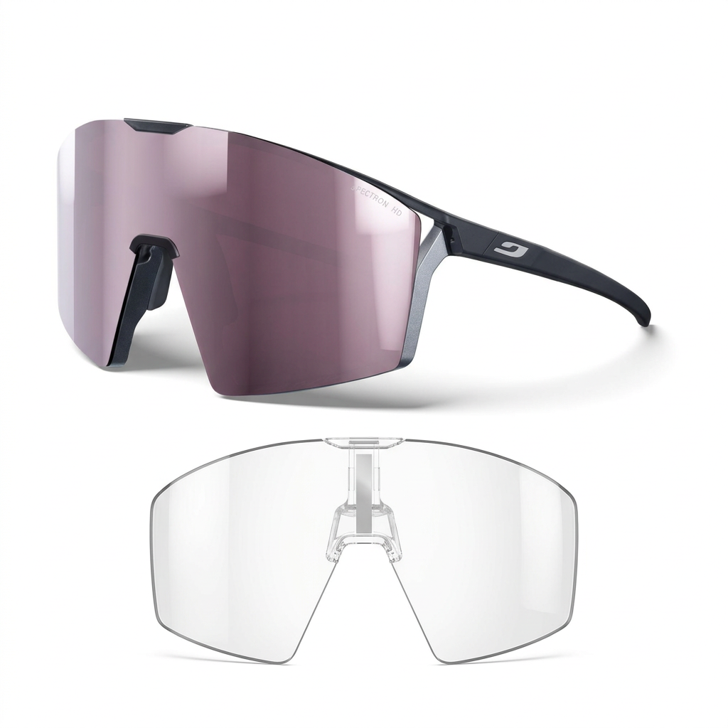 Lunettes Julbo EDGE Gris foncé Gris chrome Spectron HD 3 avec écran transparent supplémentaire sur fond blanc