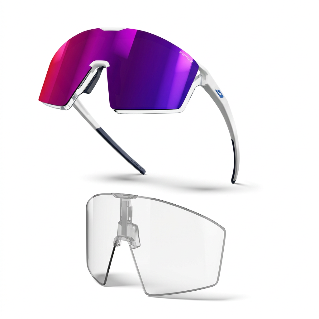 Lunettes Julbo EDGE Groupama-FDJ Blanc Bleu Spectron HD 3 et écran transparent supplémentaire sur fond blanc