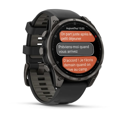 Montre GPS Garmin fēnix® 8 Pro – 47 mm, AMOLED Sapphire, Titane Carbon Gray DLC avec bracelet en silicone noir/gris galet