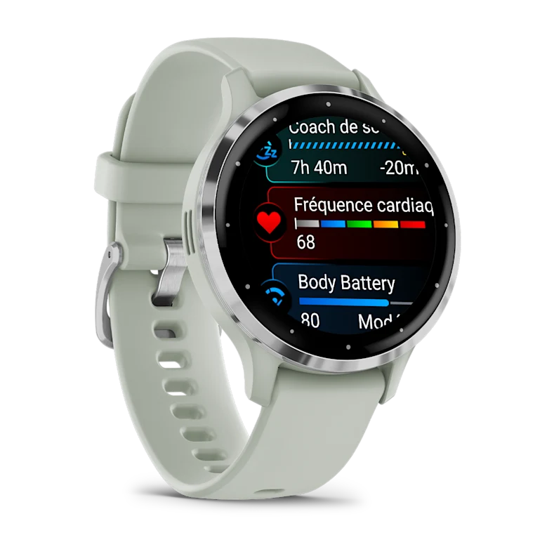 Montre de Sport Garmin Venu 3S boîtier  acier inoxydable et bracelet en silicone vert sauge