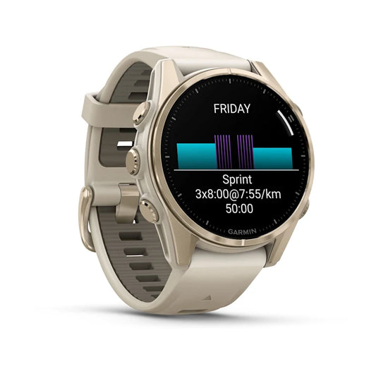 Montre GPS Garmin Fénix 8 AMOLED - 43 mm Sapphire Titane Soft Gold avec Bracelet en Silicone Gris Beige