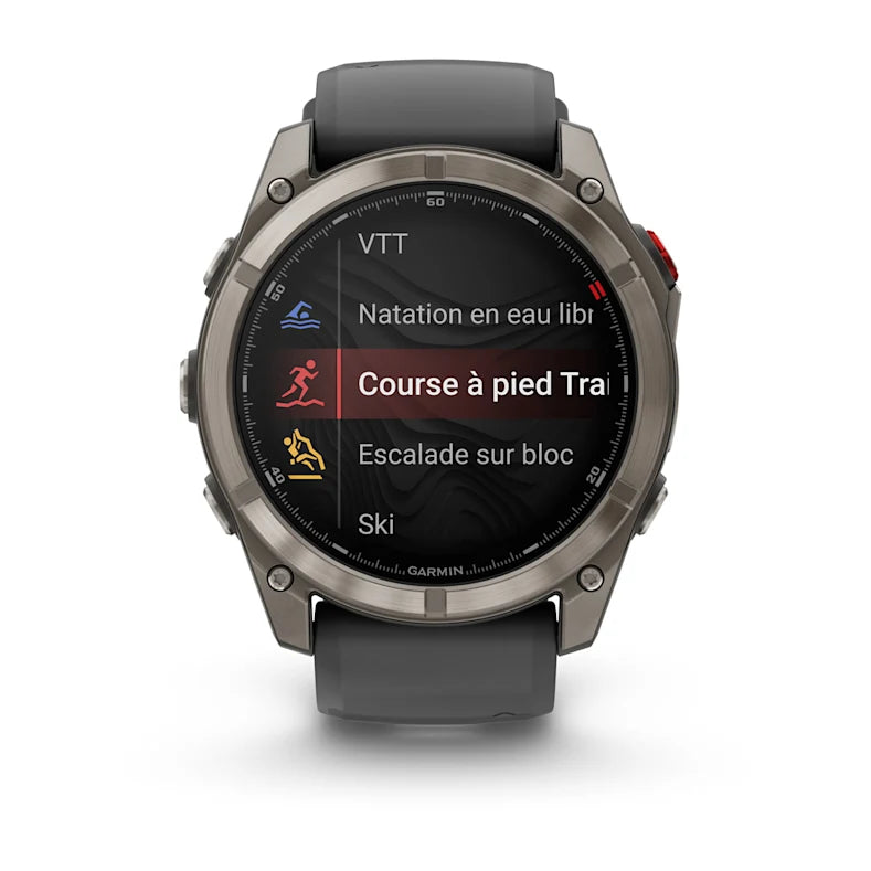 Montre GPS Garmin fēnix® 8 Pro – 51 mm, AMOLED Sapphire, Titane Carbon Gray DLC avec bracelet en silicone noir/gris galet