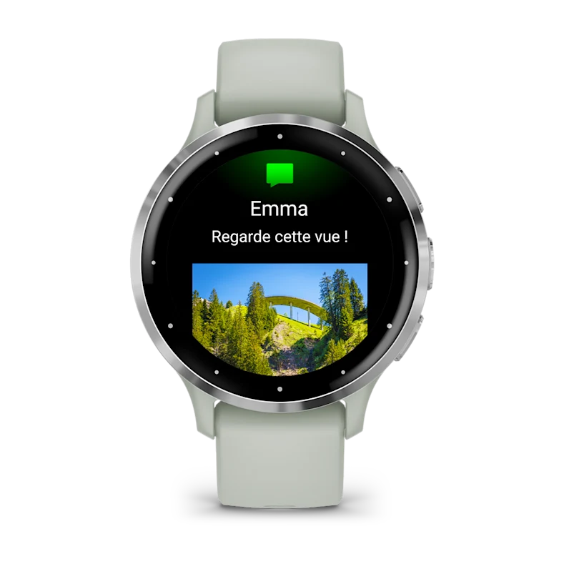 Montre de Sport Garmin Venu 3S boîtier  acier inoxydable et bracelet en silicone vert sauge