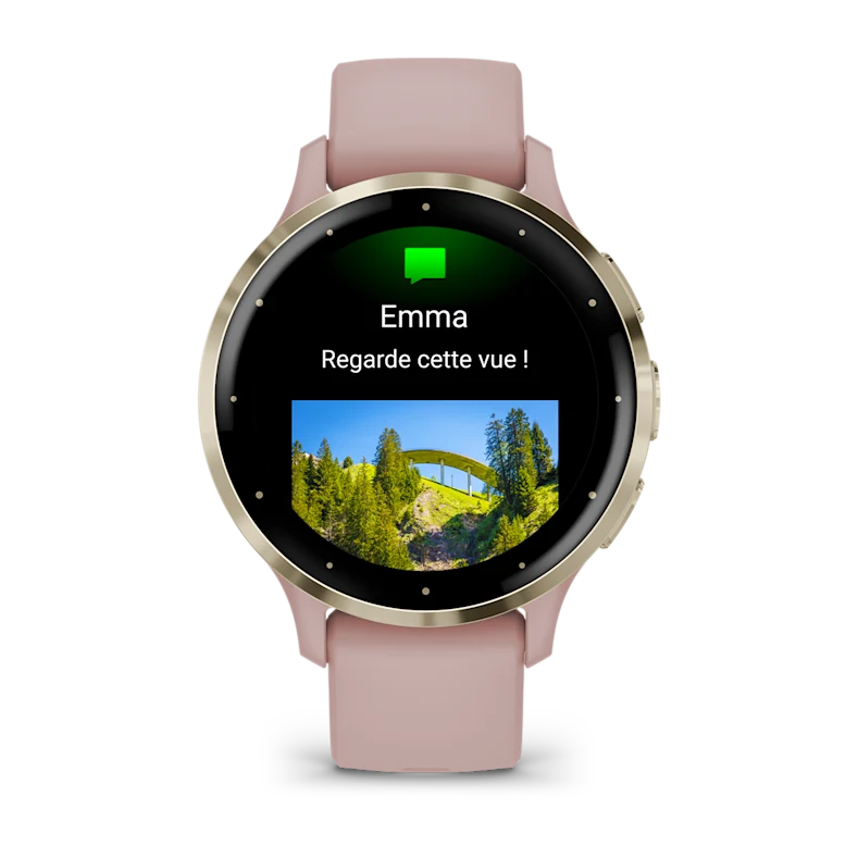 Montre de Sport Garmin Venu 3S boîtier acier inoxydable Soft Gold avec boîtier et bracelet en silicone rose poudré
