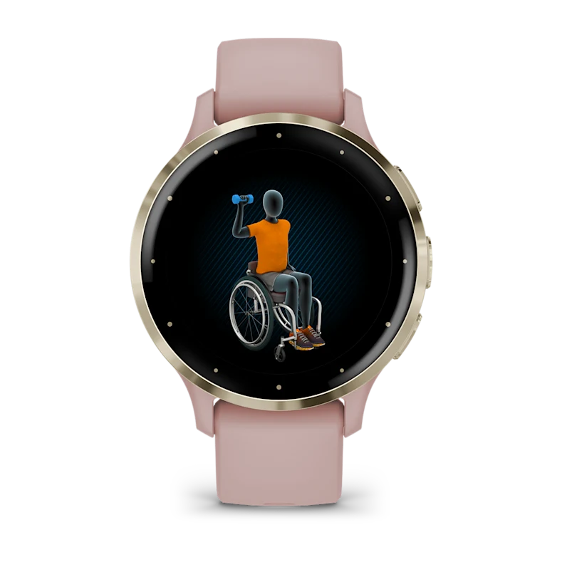 Montre de Sport Garmin Venu 3S boîtier acier inoxydable Soft Gold avec boîtier et bracelet en silicone rose poudré