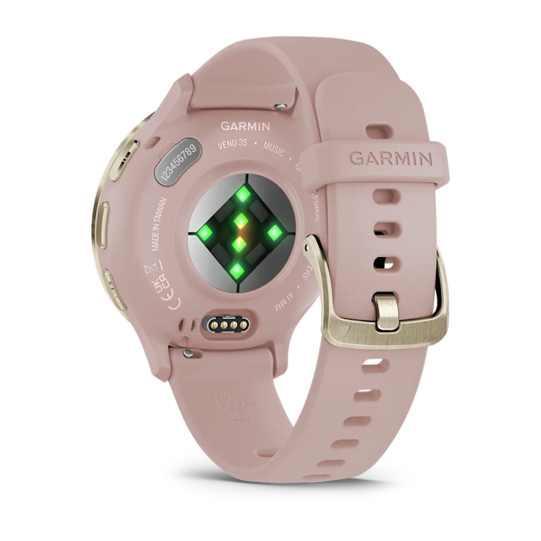 Montre de Sport Garmin Venu 3S boîtier acier inoxydable Soft Gold avec boîtier et bracelet en silicone rose poudré