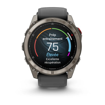 Montre GPS Garmin fēnix® 8 Pro – 51 mm, AMOLED Sapphire, Titane Carbon Gray DLC avec bracelet en silicone noir/gris galet