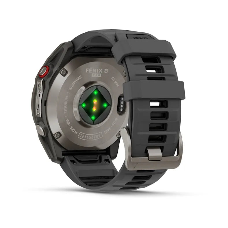 Montre GPS Garmin fēnix® 8 Pro – 51 mm, AMOLED Sapphire, Titane Carbon Gray DLC avec bracelet en silicone noir/gris galet