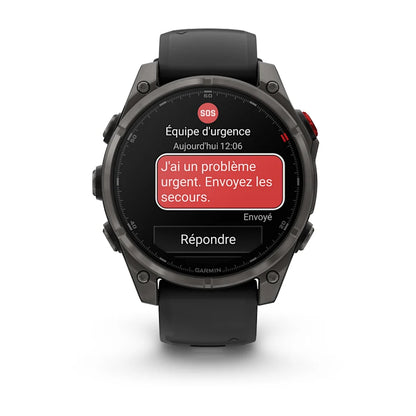 Montre GPS Garmin fēnix® 8 Pro – 47 mm, AMOLED Sapphire, Titane Carbon Gray DLC avec bracelet en silicone noir/gris galet